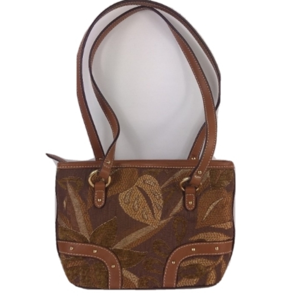 Brown Floral Tapestry Shoulder Bag with Leather Trim